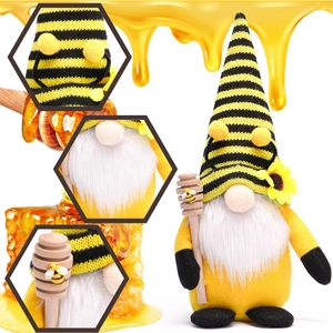 Macro detail of the bee gnome hat texture and wooden honey dipper accessory