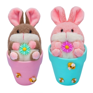 Easter plush bunny pair in decorative ceramic pots with daisies and bee motifs