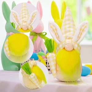 Detail of Easter gnome featuring bunny ears and a checkered carrot with vibrant yellow beard