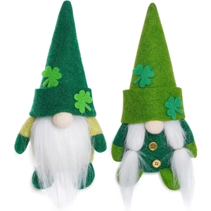 Set of two St. Patrick's Day gnomes with green shamrock hats and white beards on white background