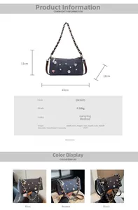 Détail du sac en denim avec perles et étoiles montrant les dimensions de 22x11x12cm