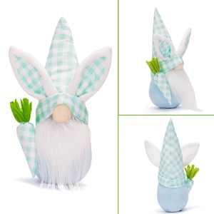 Detailed views of a mint green Easter gnome with rabbit ears and a checkered carrot