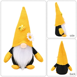 Three-view detail of bee gnome plush with knitted yellow hat and white daisy accents
