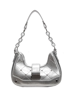 Silver quilted hobo bag with metallic chain strap and rivet details on white background
