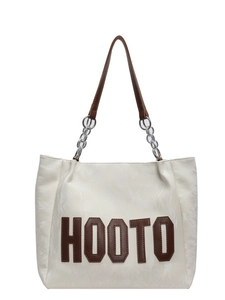 Large cream tote bag with HOOTO letter patch and brown leather chain straps