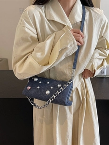 Sac à Épaule en Denim Vintage Femmes Künstliche Perle Strass Cœur Chaîne Sac Sous les Bras Mode Décontracté Streetwear Sac Baguette