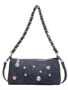 Sac sous le bras en denim avec perles, cristaux de cœur et chaîne argentée pour femme