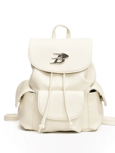 Minimalist beige pebble leather backpack with silver B-logo and bucket drawstring closure