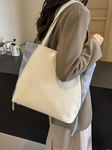 Large Capacity Women Tote Bag PU Leather Color Block Design Fashion Shoulder Bag Ladies Commuting Handbag Minimalist Work Bag