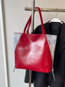 Minimalist red and blue color-block glossy leather tote bag with fringe zippers