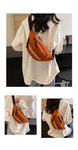 Detailansichten einer orangefarbenen Canvas-Umhängetasche mit weißem Schriftzug