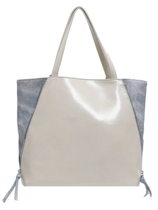 Large color-block tote bag in beige PU and blue denim fabric with double handles