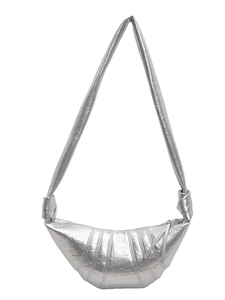 Silver metallic crescent croissant bag with pleated texture and knotted shoulder strap