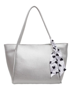 Silver lychee textured tote bag with decorative heart pattern silk scarf on white background