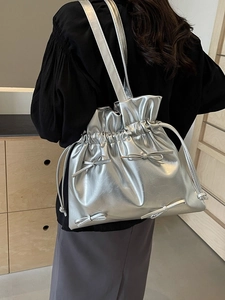 Women Balletcore Ruffled Tote Bag Bow Drawstring Shoulder Bag Shiny Metallic PU Leather Large Capacity Handbag