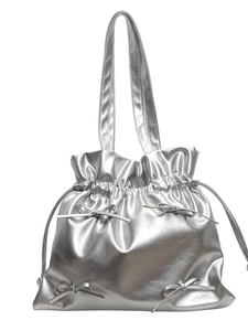 Silver balletcore drawstring tote bag with decorative bows and long shoulder straps