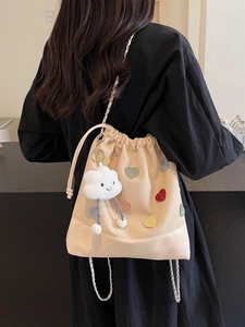 Women Heart Pattern Bucket Bag Multipurpose Canvas PU Leather Backpack With Chain Strap Cloud Charm Large Capacity Shoulder Bag