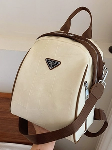 Minimalist beige backpack with brown straps and geometric stitching and JIPIN logo