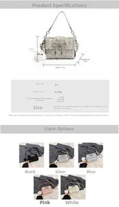 Detailed size chart and multi-color options for woven mini square crossbody bag