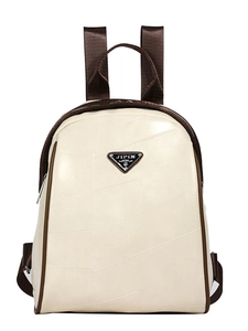 Chic beige and brown leather backpack with geometric patchwork and adjustable straps