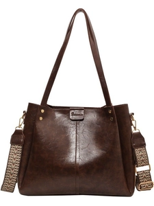 Grande borsa tote marrone retrò con trama vintage e ampia tracolla in tessuto