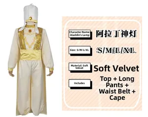 Detailed size chart and fabric info for Aladdin cosplay costume with golden embroidery