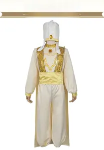 Front view of Aladdin cosplay costume with gold embroidery and gemstone turban detail