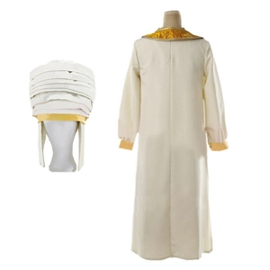 Detail of Aladdin costume robe with gold jacquard trim and matching turban headwear