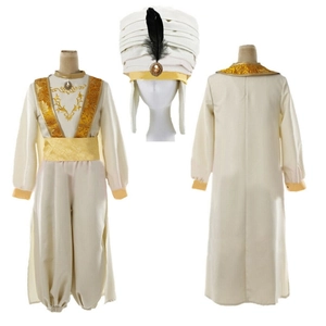 Detail of Aladdin cosplay costume with gold embroidery and white feathered headpiece