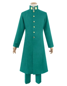 Détail du costume cosplay JOJO Kakyoin Noriaki vert foncé avec boutons dorés et col montant