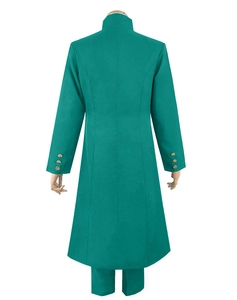 Vue arrière du manteau cosplay vert foncé de Kakyoin Noriaki avec des boutons dorés