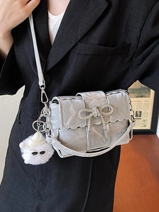 Women Fashion PU Leather Pleated Crossbody Bag With Rhinestone Bow And Plush Charm Wavy Edge Mini Small Square Bag Daily