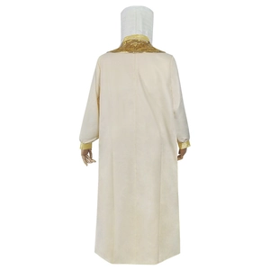 Aladdin cosplay costume in cream white featuring elegant gold embroidery on collar and cuffs
