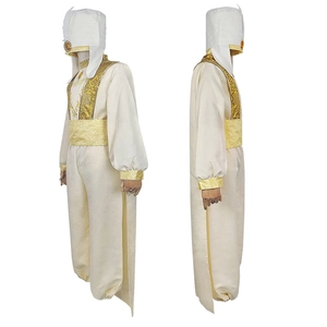 Aladdin costume for men including ornate tunic, trousers, gold sash and feathered turban