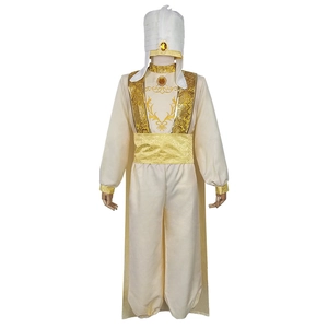 Aladdin style cosplay costume with white satin embroidered top, trousers and headpiece