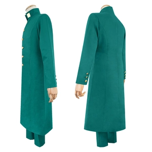 Costume cosplay Noriaki Kakyoin vert comprenant un long manteau à boutons dorés et un pantalon