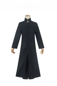Detailed view of the long black high collar trench coat with single-breasted button design