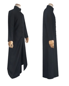 Detail of the high collar and single-breasted buttons on this long black cosplay coat
