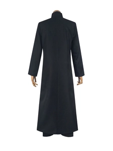 Rear view of long black stand collar coat with straight cut for cosplay costume