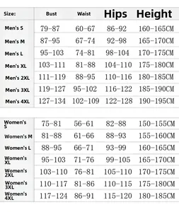Detailed Matrix Neo cosplay costume size chart for men and women from size S to 4XL