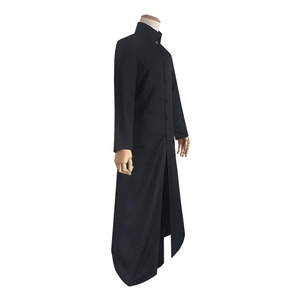Long black Matrix Neo cosplay trench coat with stand collar on a mannequin