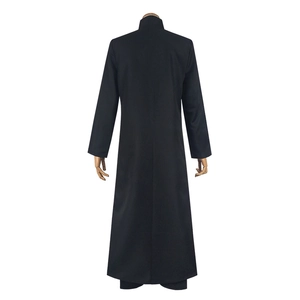 The Matrix Neo cosplay black long trench coat with stand collar, back view for Halloween