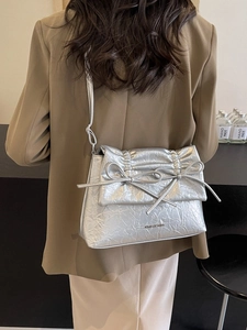 Women Fashion Ballet Style Shoulder Bag Pleated PU Leather Crossbody Bag With Bow Decoration Chic Commuter Underarm Bag