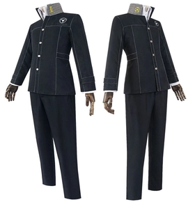 Detail van Persona 4 Yu Narukami cosplay uniform met witte stiksels en opstaande kraag