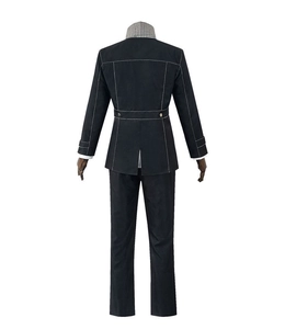 Achteraanzicht van Persona 4 Yu Narukami cosplay jas met witte stiksels en metalen knopen