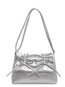 Chic silver metallic pleated shoulder bag with delicate ribbon bows and long strap
