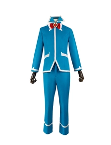 Detail van het blauwe anime cosplaykostuum met rode strik en witte biezen afwerking