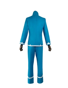 Achteraanzicht van het helderblauwe anime cosplaypak met witte gekartelde randen
