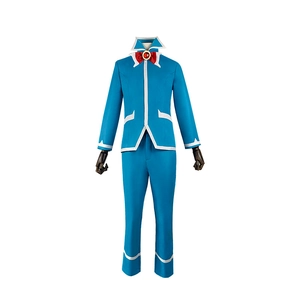 Iruma-kun Cosplay kostuumset met blauw uniform jasje, rode strik en sieraad detail