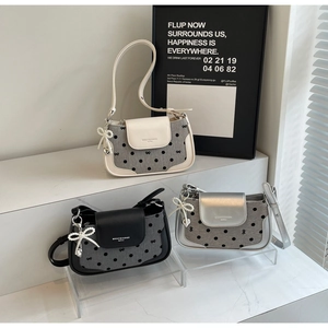 Three-color set of polka dot underarm bags with pearl bow charms and branded leather flaps
